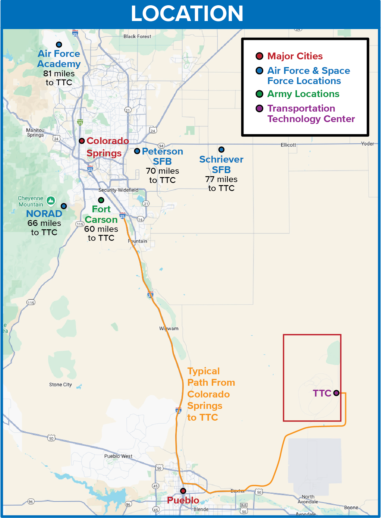 Location map showing the Transportation Technology Center (TTC), the world's largest federal test and training range in Pueblo, Colorado - TTC Operated by ENSCO