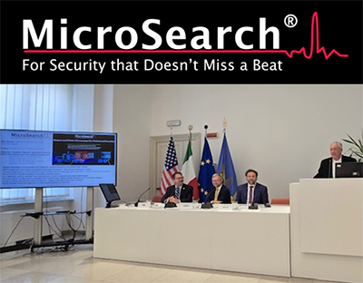Tom Plutt briefs Italian security leaders on ENSCO's new MicroSearch Handheld Human Presence Detection System